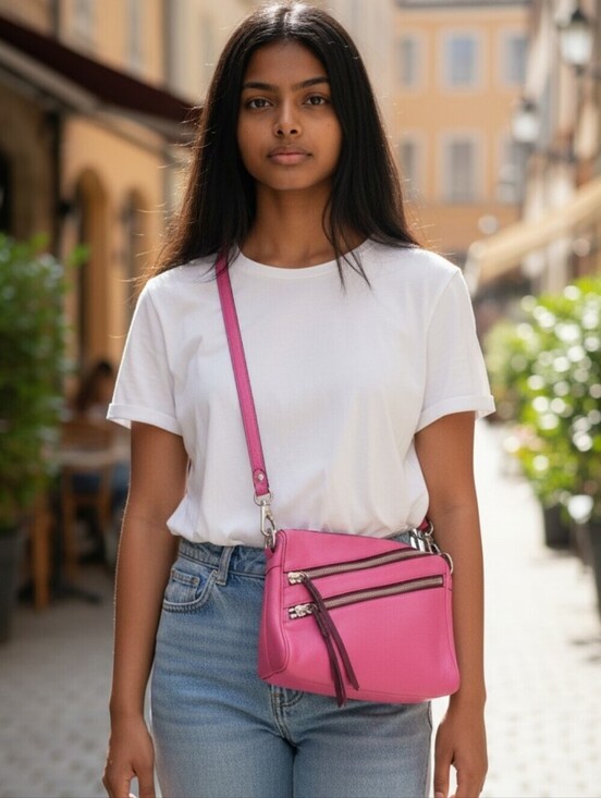 orYANY Handbags - Oryany Pebbled Leather Crossbody Bag SilverJewelled Hardware Bright Pink 11x9"
